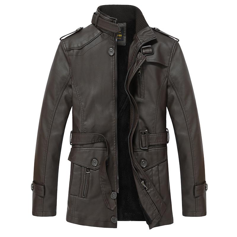 Men's Autumn/Winter Slim Stand-Up Collar Mid-Length PU Leather Motorcycle Jacket with Fur Trim