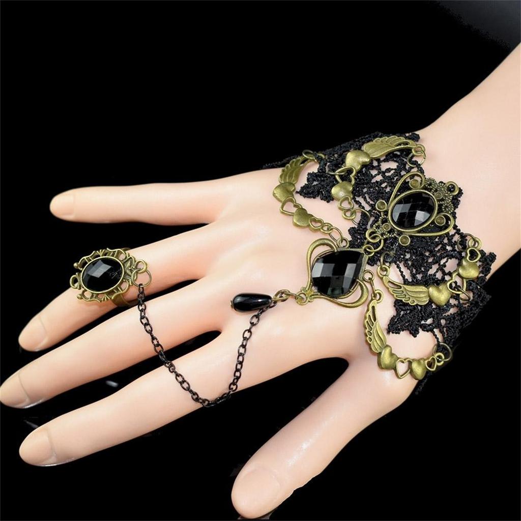 Gotisches Schwarzes Spitzenarmband und Ring Set Vintage Viktorianisches Punk Schmuck für Damen