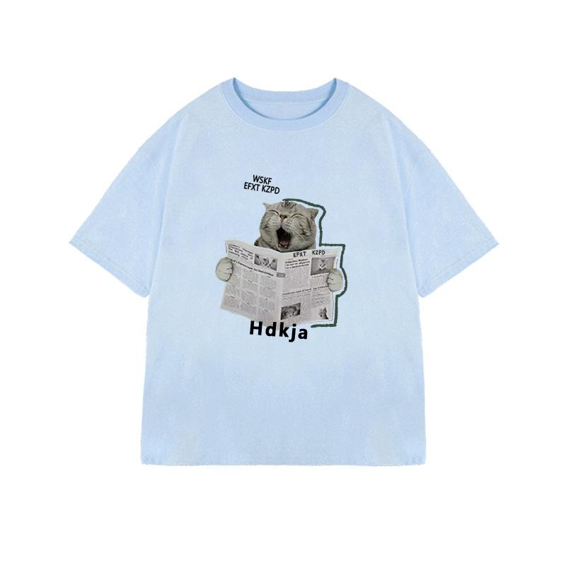 Women's Round Neck Short Sleeve Cotton T-Shirt Loose Fit Cat Print Casual Summer Top