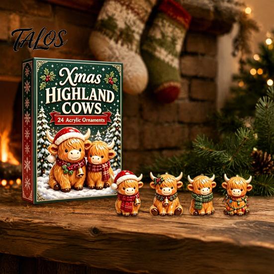 Unique Christmas Surprising Box Highland Cow Advent Calendar, 24 Cute 3D Mini Figures, Festive Decor Farmhouse Holiday Decor, Countdown Gift