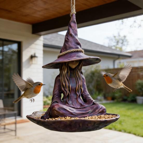Witch Garden Statue Bird Feeder for Outdoors Resin Hanging Wild Bird Feeder for Outside Patio Backyard Birdwatching
