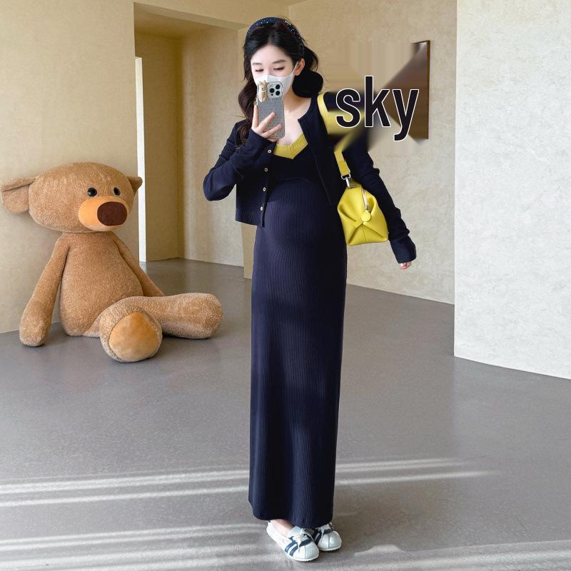 2026 Korean Maternity Spring Collection: Slimming 2-Piece Long Dress & Straight Skirt Set 2XL