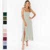 Women Summer Casual Sleeveless Spaghetti Strap A-Line Dress High Waist Long Split Solid Color Dresses