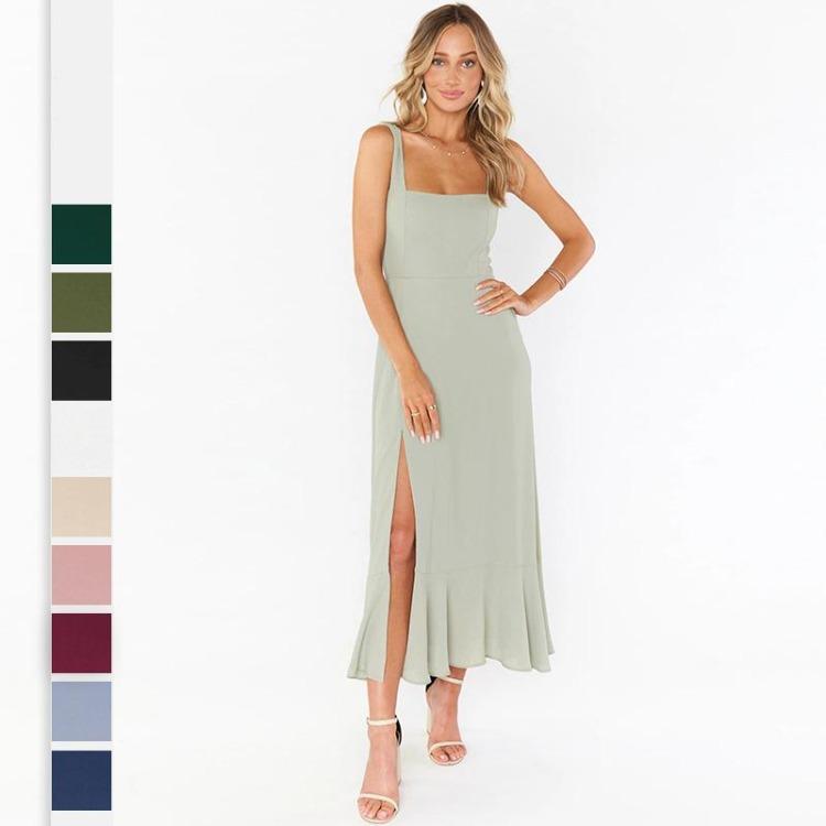 Women Summer Casual Sleeveless Spaghetti Strap A-Line Dress High Waist Long Split Solid Color Dresses