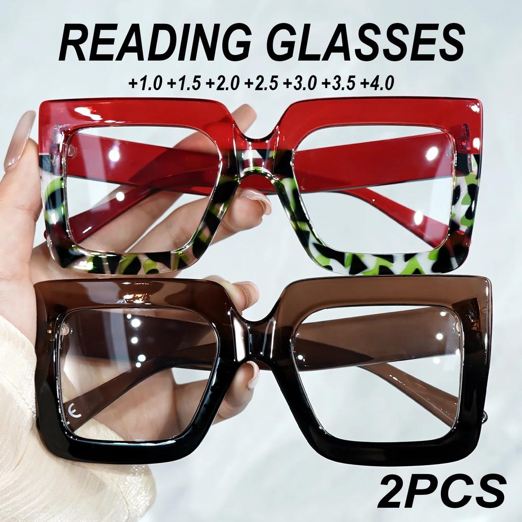 2Pcs Chic Reading Glasses For Women Men +1.0 To +4.0 Strength - Retro Thick Frame Design - Elegant Presbyopic Eyewear