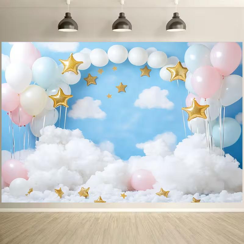 2D Blue Sky White Cloud Balloon Backdrop for Newborn Photography