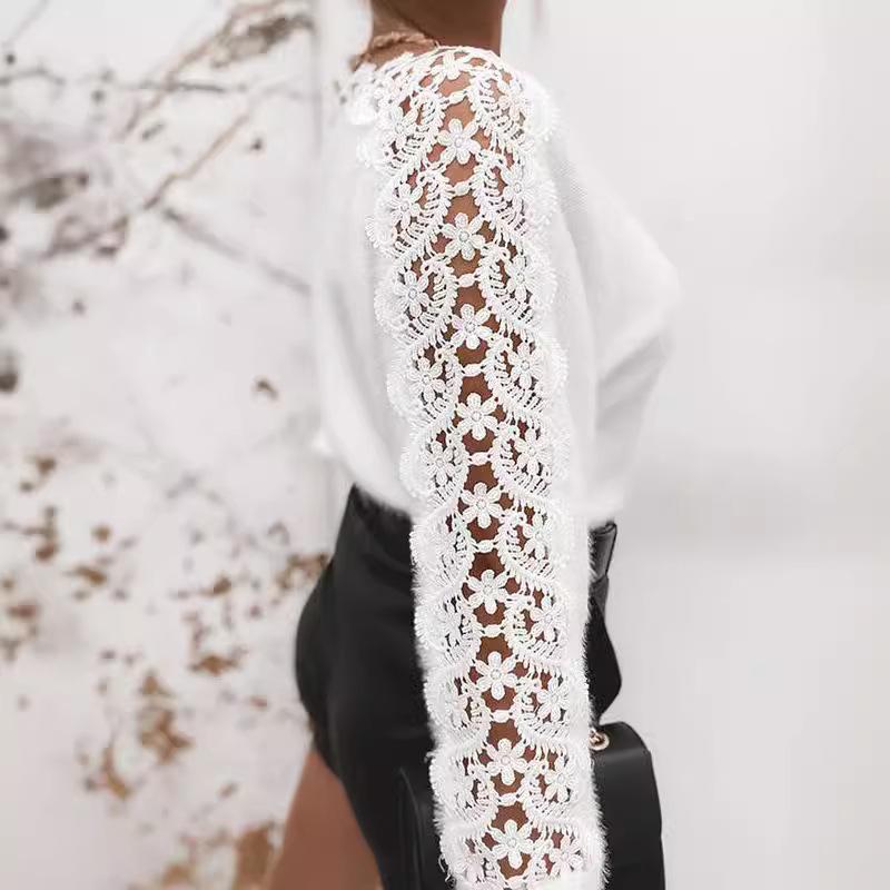 Knitted Sweater Temperament One Collar Lace Patchwork Sleeves Women's Solid Color Knitted Top