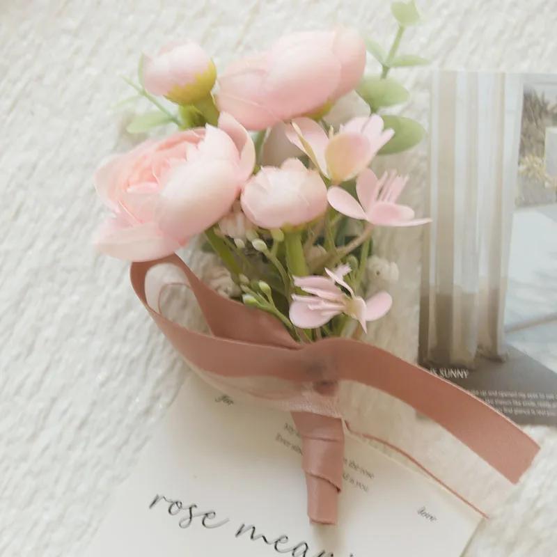 6pcs Pink Corsage Boutonniere Set for Bride Groom Bridesmaids Groomsmen Wedding Cerenony Homecoming Prom Suit Flowers