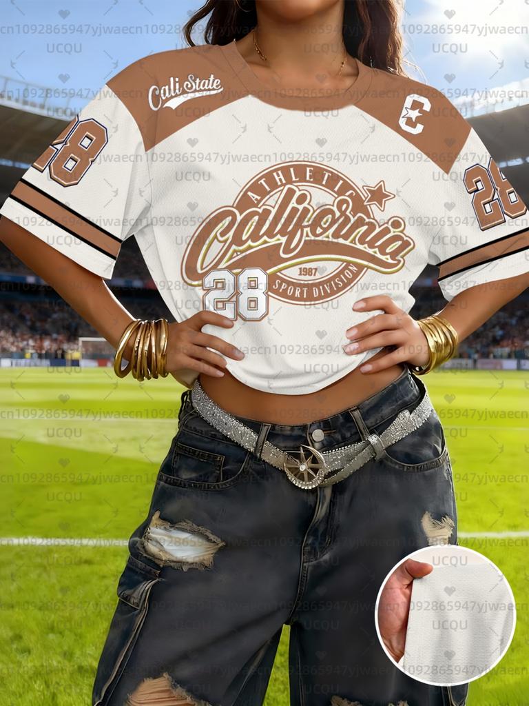 Women's sports jersey, printed short-sleeved T-shirt, summer graphic top, soccer jersey, sports T-shirt.