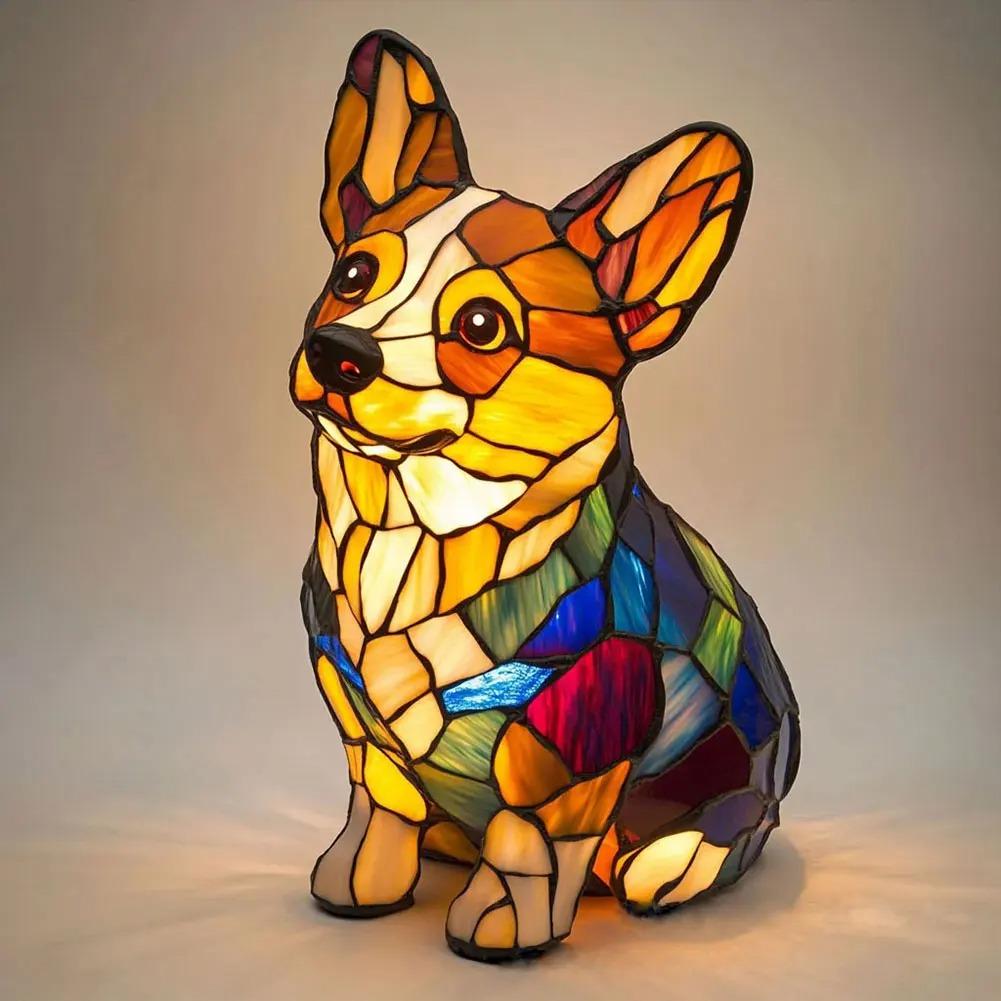 LED Animal Resin Table Lamp Dog Series Art Night Light 3D Stained Glass Cute Dog Bedside Lamp for Living Room Bedroom Decoration