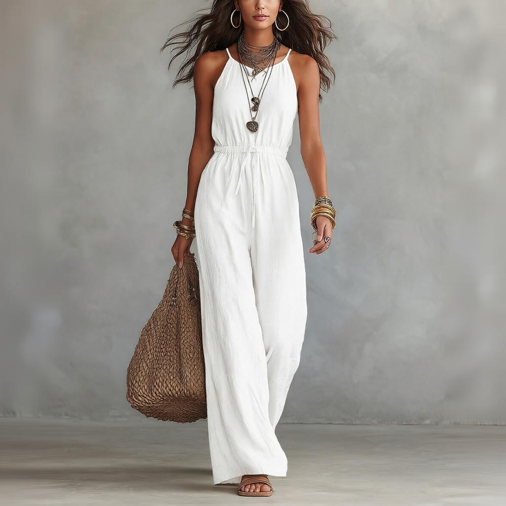 Women's Sleeveless Jumpsuit Linen Cotton Blend Wide Leg Relaxed Fit Casual Romper with Elastic Waist and Adjustable Straps for Summer