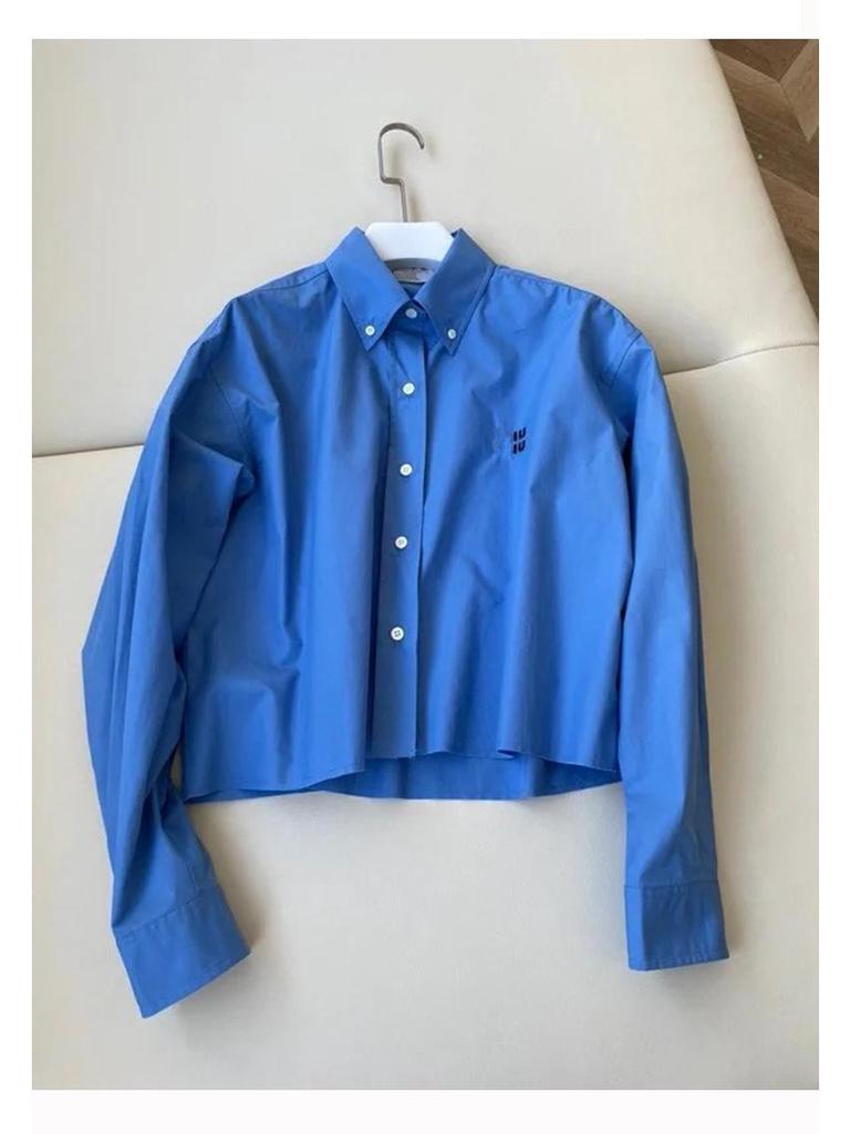Nanyou Unisex Blue MM Letter Embroidery Long-Sleeve Shirt