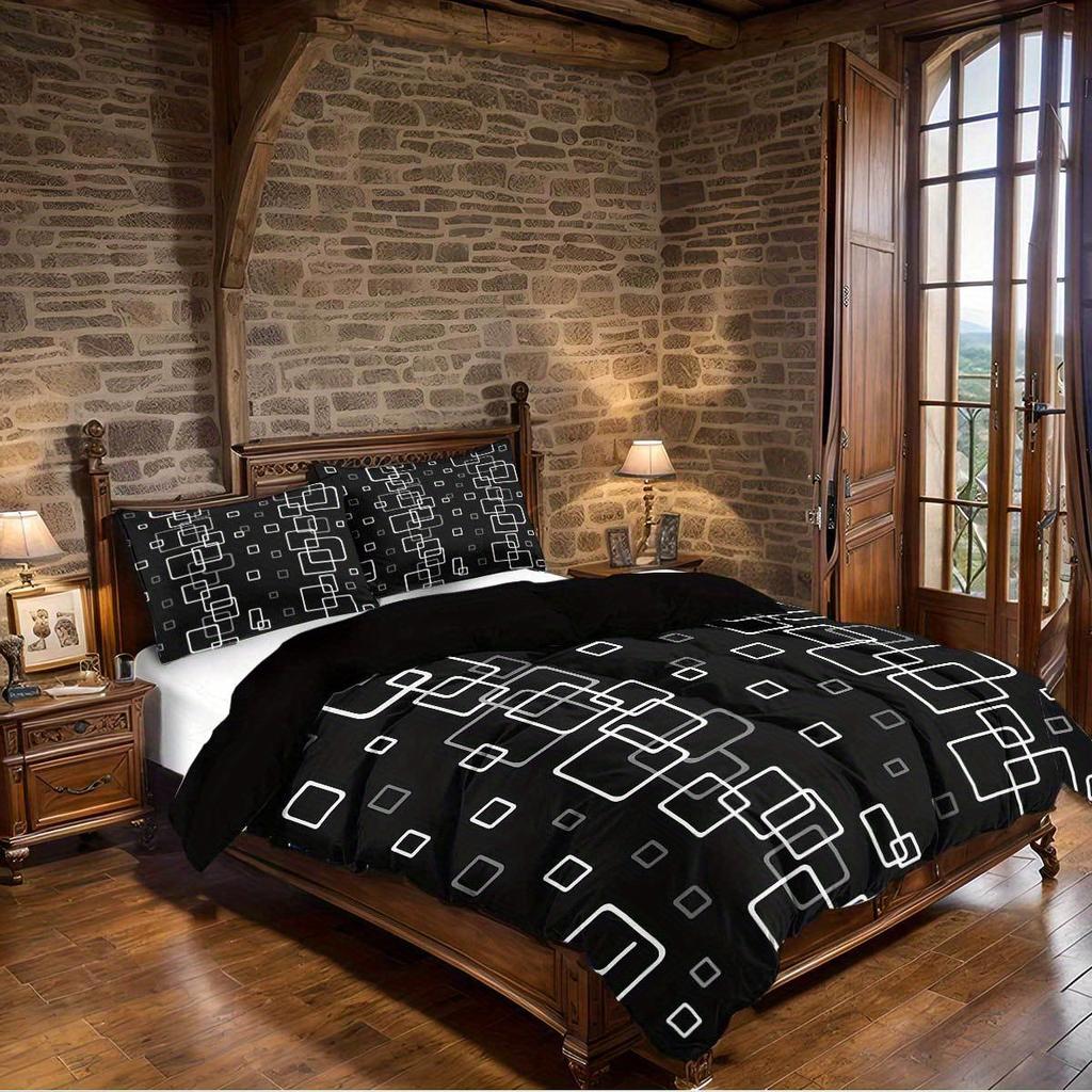 3Pcs Black Minimalist Geometric Design Bedding Set (1 Duvet Cover, 2 Pillowcases, Coreless), 3D Printed Pattern Quilt Cover Set