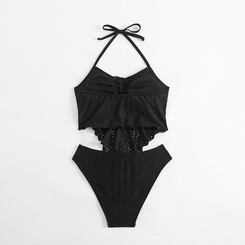 Neues Schwarzes Spitze Neckholder Bikini Set Kordelzug Design Strandurlaub Badeanzug Separater Unterteil String Bikini Damen Bademode
