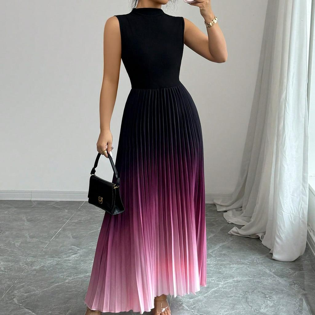 Women's Ombre Color Gradient Pleated Maxi Skirt