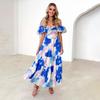 Summer Women's Fashion Print Pleated with Belt Ankel-Length V-Neck Dress