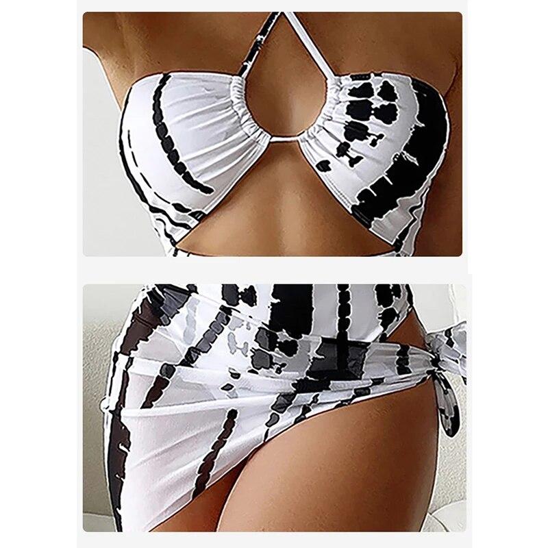 

Женский сексуальный цельный цельный комплект с цифровым принтом и треугольной сеткой, комплект из трех предметов с ажурным купальником L