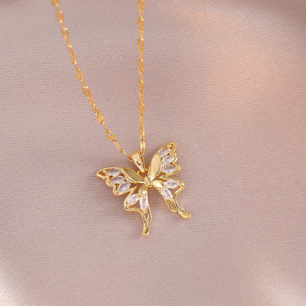 Butterfly Necklace with Color-Retaining Zircon - Fashionable, Versatile Women's Jewelry Accessory.