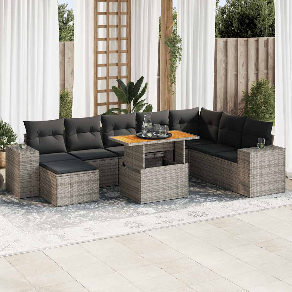 Vidaxl 9-Cz. Furniture Set With Cushions, Grey, Poly Rattan and Acacia
