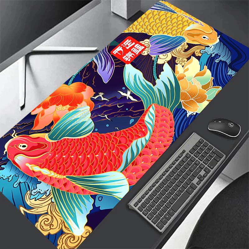 Japanese Desk Mat Black & White Mouse Pad Koi Fish Japan Art Seal Yin-yang Fish Large XXL Gaming Deskmat Rubber Mousepad 80x30