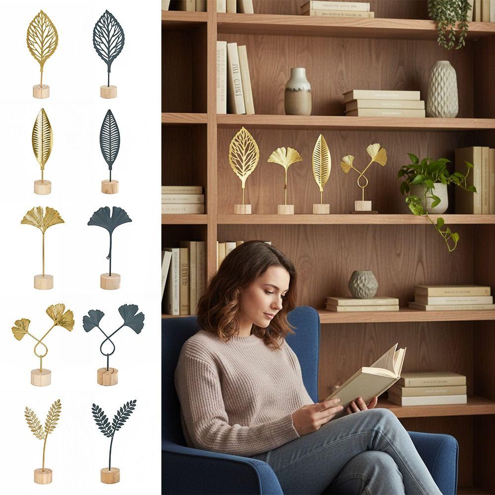 Gold Grey Iron Art Leaves Figurine Metal Ironwork Desktop Ornament  Home Decoration