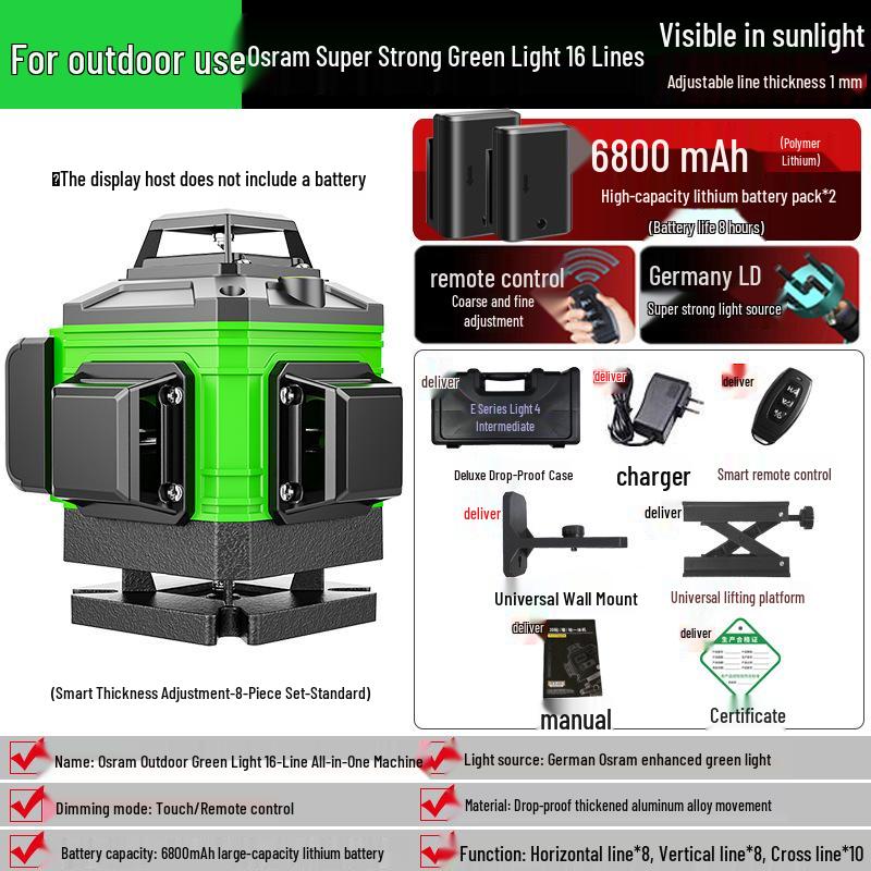 High-Precision Laser Level with 12-Line Green Infrared and Heavy-Duty Spirit Level