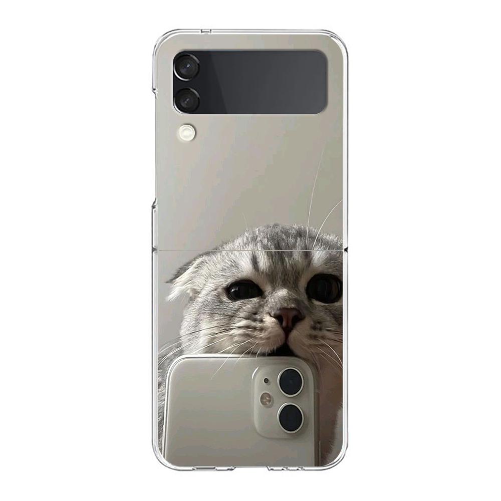 Transparent Phone Case For Samsung Galaxy Z Flip 3 4 5 6 7 Hard Folding PC Z Flip3 Flip4 Cover Funny Cartoon Korean Cat Couple
