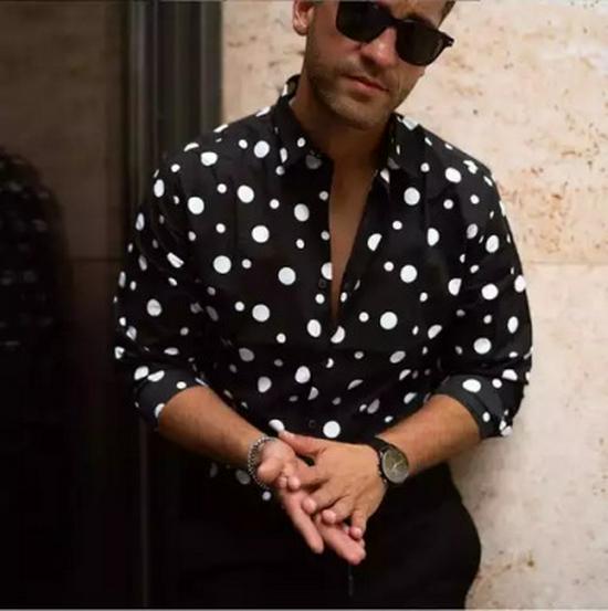 Wish2024 Men's 3D Print Polka Dot Long-Sleeved Shirt - European & American Style