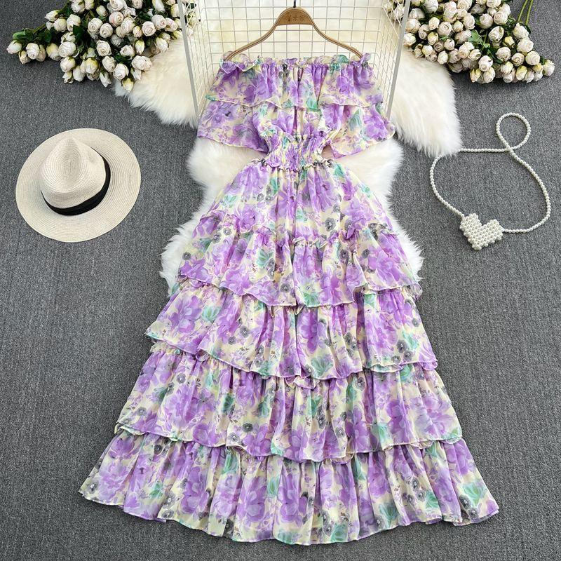 

Off-the-Shoulder French Waist Cake Beach Dress for Seaside Vacation Purple One size