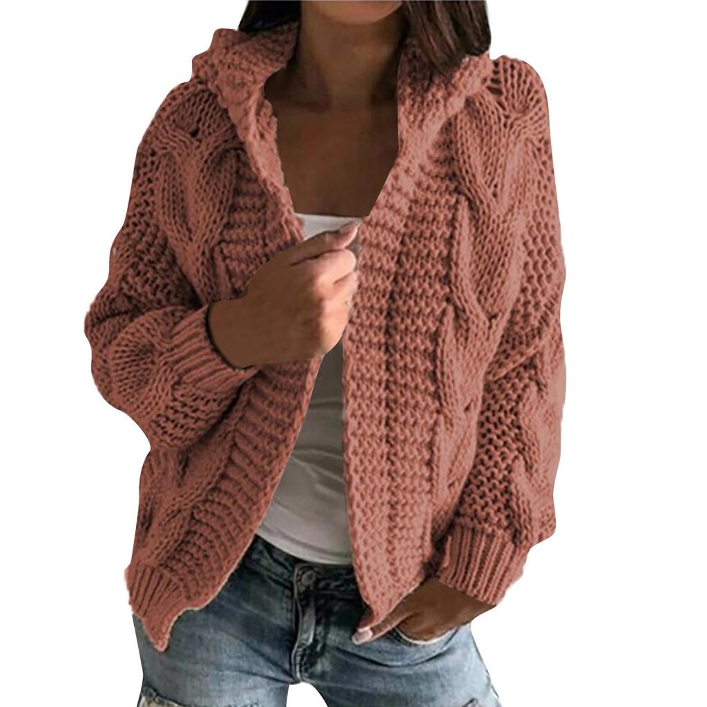Women's Autmn And Winter Hooded Jacket Solid Color Knitted Cardigan Sweater