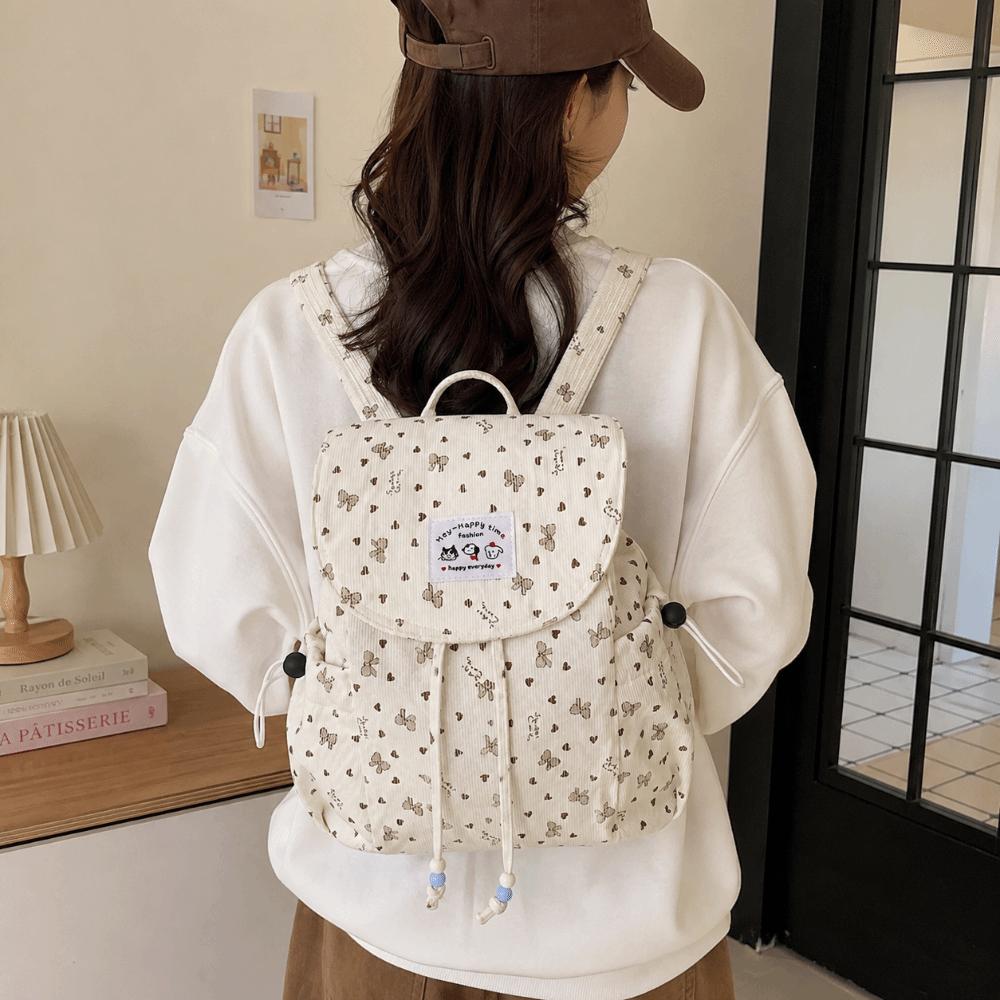 Lightweight Drawstring Daypack Casual Bookbag Fashionable Bow Print Corduroy Backpack Spring