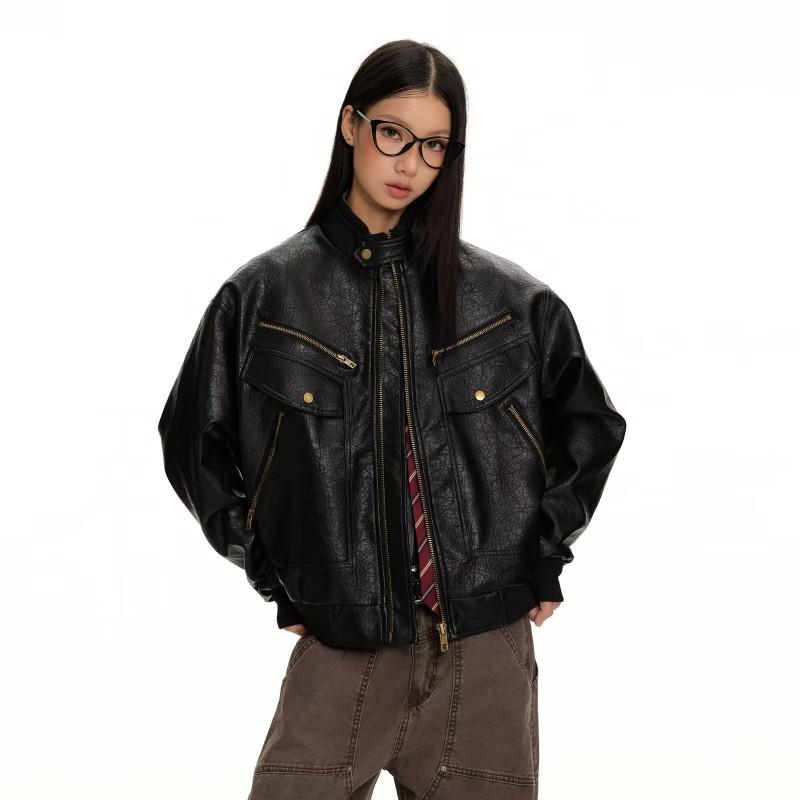 Womens Oversized PU Leather Moto Jacket