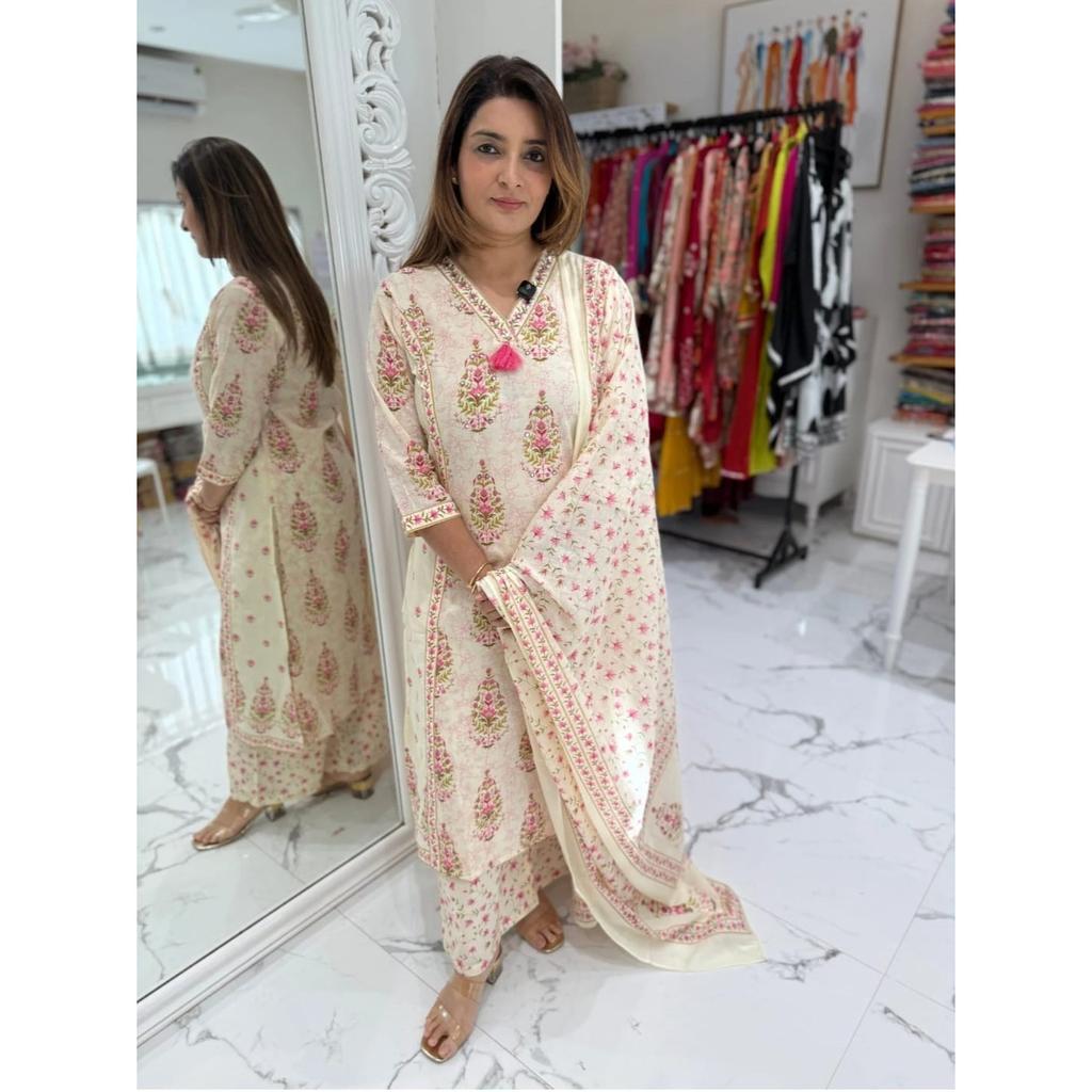 Hand Block Printed Pure Cotton Salwar Suit Indian Women's Kurti Pant Dupatta Set