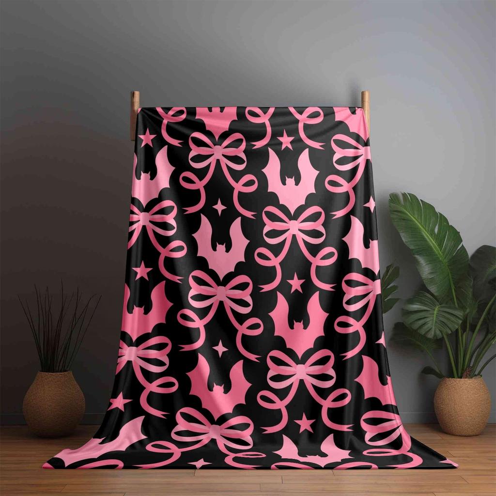 1pc 280gsm Pink Bat and Bow Patterned Flannel Blanket Gothic Bedroom Decoration and Accessories Aesthetic Room Decor Festival