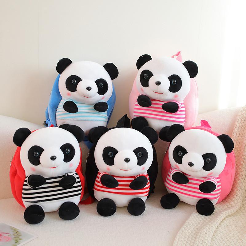 Pasiasty plecak dla dzieci z pluszową zabawką Panda, na urodziny i do szkoły