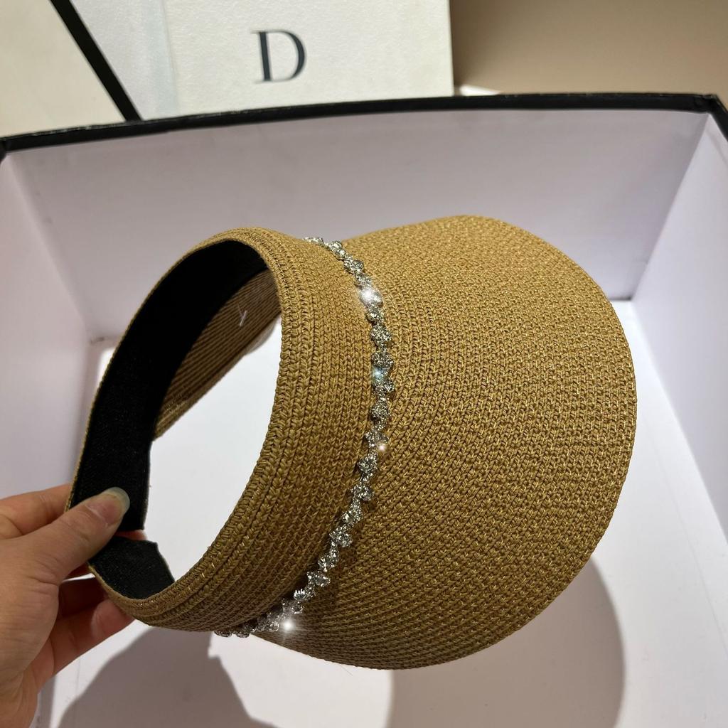 Summer Light Luxury Niche Rhinestone Empty Top Hat Outdoor Travel Fine Grass Woven UV Protection Sun Hat