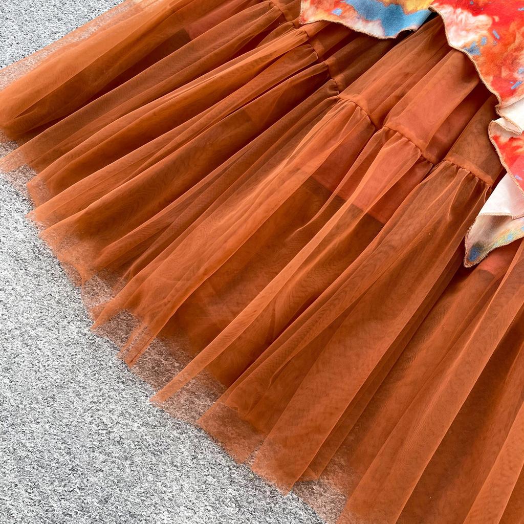 Holiday style smudged printed mesh suspender dress women's summer high waist temperament swinging long dress commuting