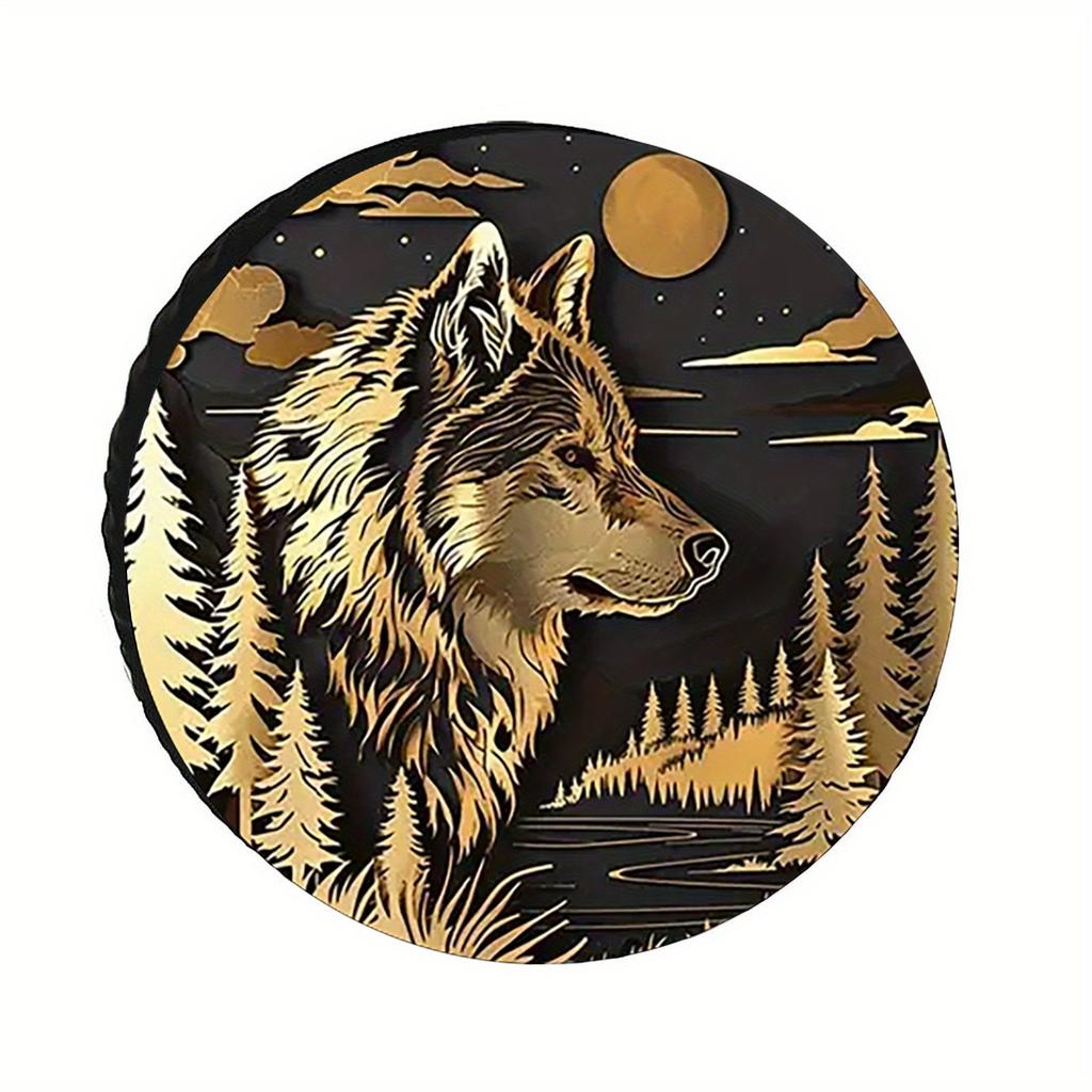 Golden Wolf Forest Moon Spare Tire Cover Durable Waterproof Windproof Tire Protector for SUV RV