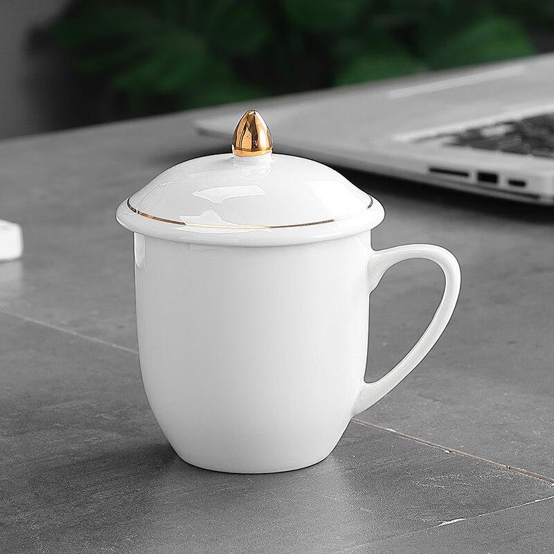 Ceramic White Handle Cups with Gold Rim & Lid, 250ml (10-Pack)