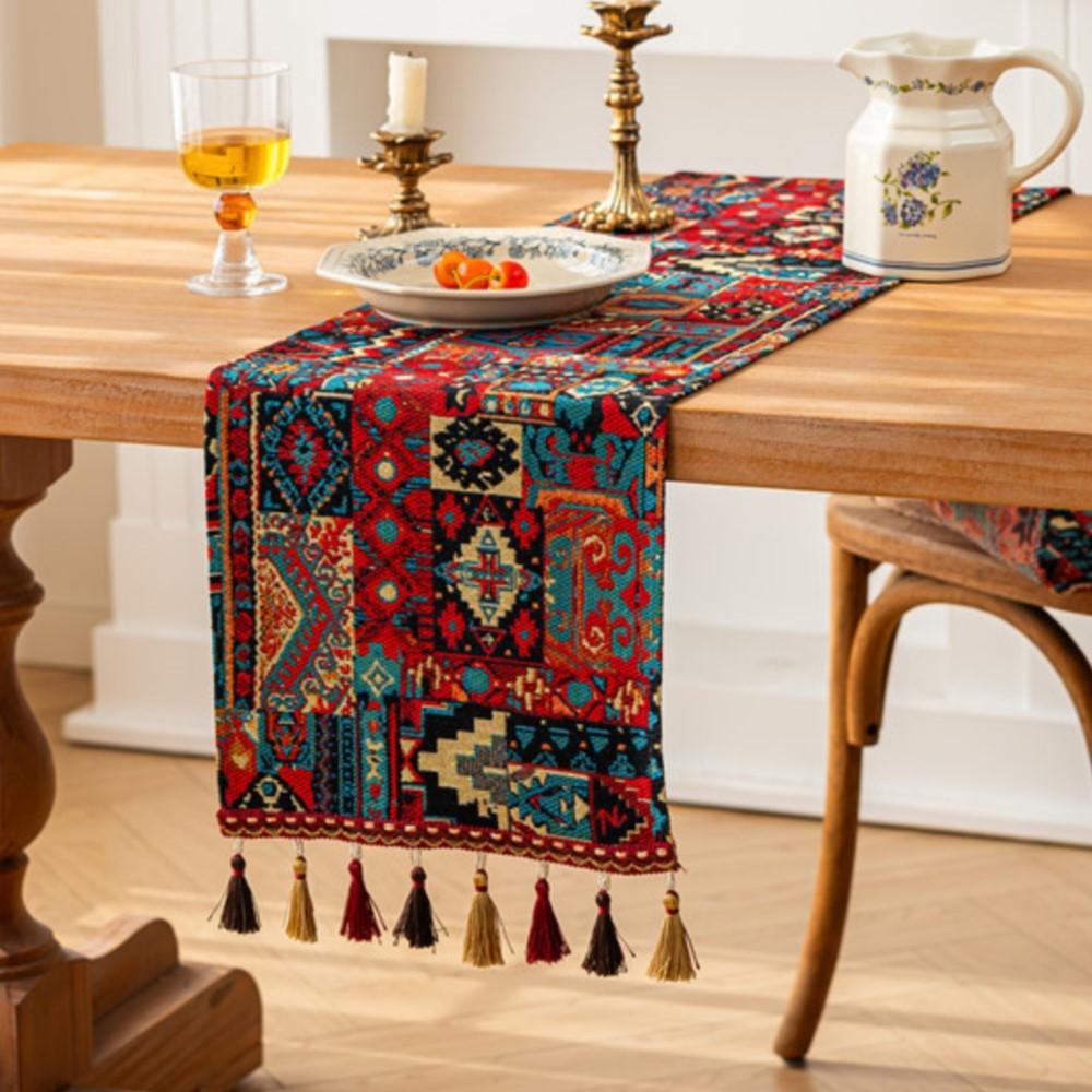 Yarn-Dyed Jacquard Tassel Trim Ins Coffee Table/TV Stand/Bed Decorative American Retro Bohemian Table Poly-Cotton Tablecloth