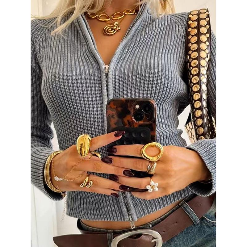 New Autumn and Winter Women's Zipper Cardigan Sweater Long Sleeved Slim Elastic Sweater Solid Color Personalized Street Outfits