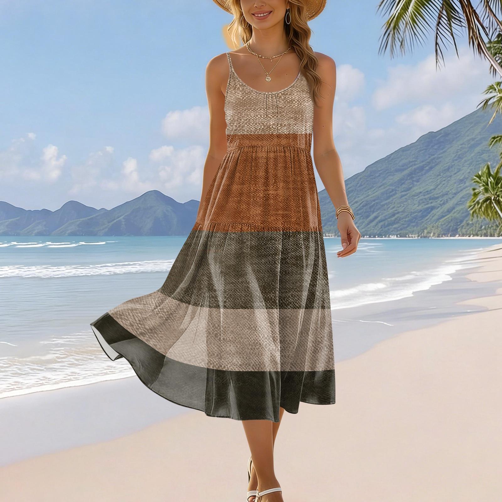 

Women’s Sleeveless Spaghetti Strap Casual Loose Fit Midi Dress with Gradient Stripe Print for Summer Beach Wear S коричневый
