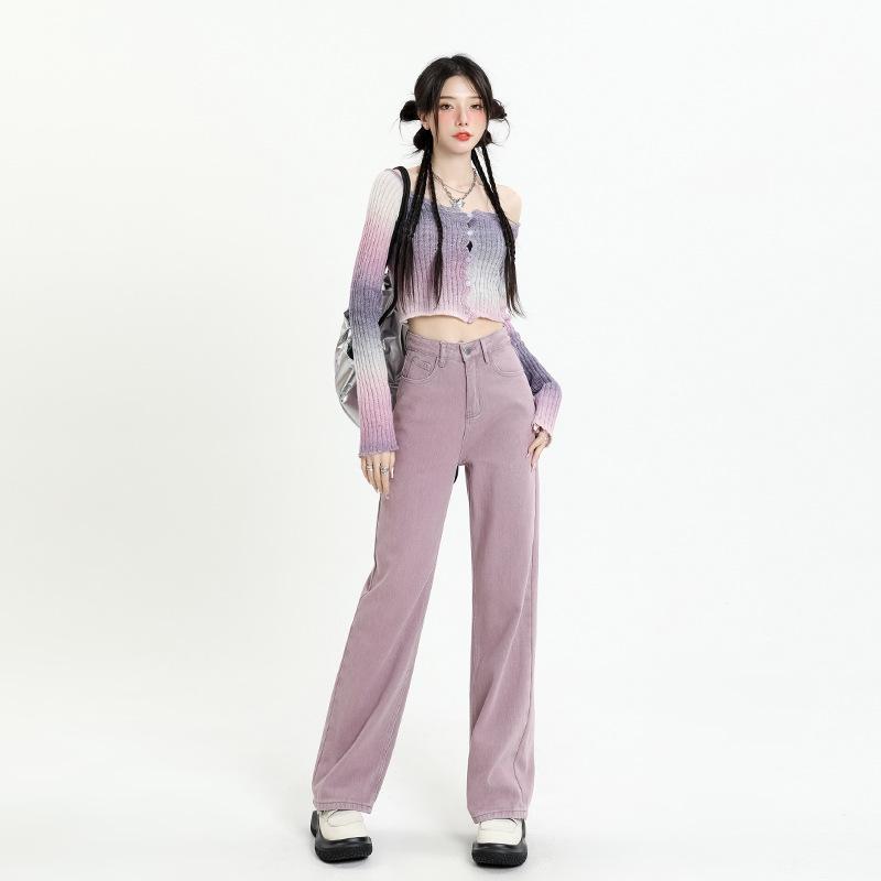 Women's High Waist Dirty Pink Wide-Leg Jeans - Slim and Loose Fit, Early Autumn 2024