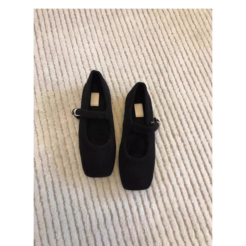 Nie, nie zmęczone stopy! Francuskie buty Mary Jane damskie 2025 nowe szare wełniane na jeden pasek z kwadratowym noskiem na płaskiej podeszwie z płytkim wycięciem czółenka