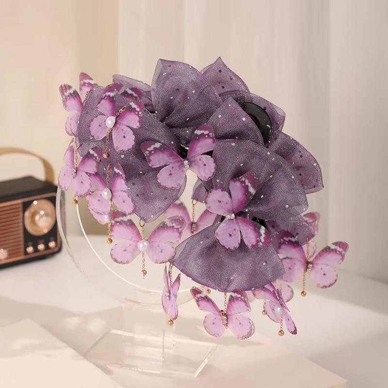 Fashion Elegant Butterfly Tassel Hair Claw Temperamental Mesh Shark Clip Ponytail Hair Clip Hair Accessory For Women