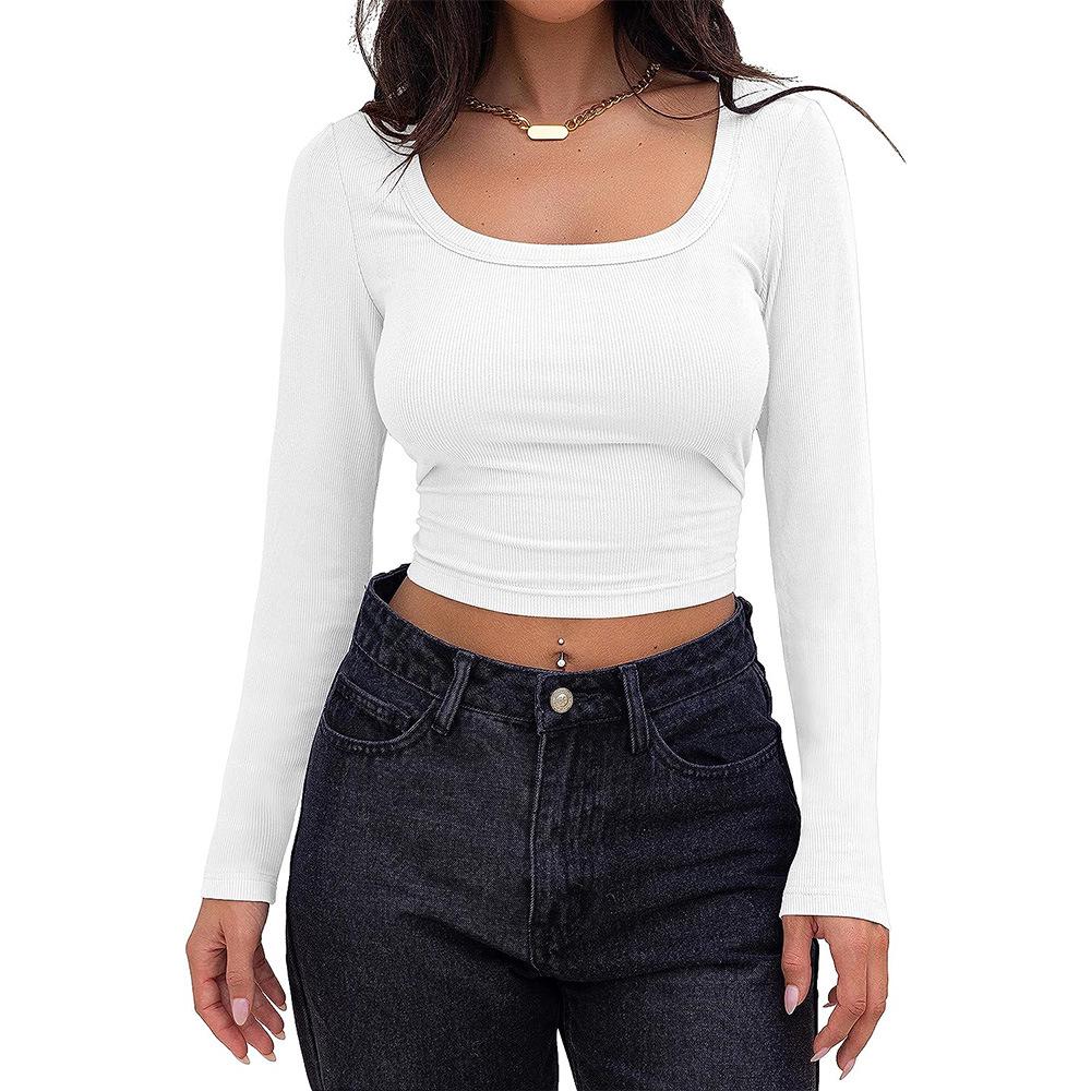 2024 European & American Ribbed Knit Slim Fit Square Neck Long Sleeve Women's T-Shirt