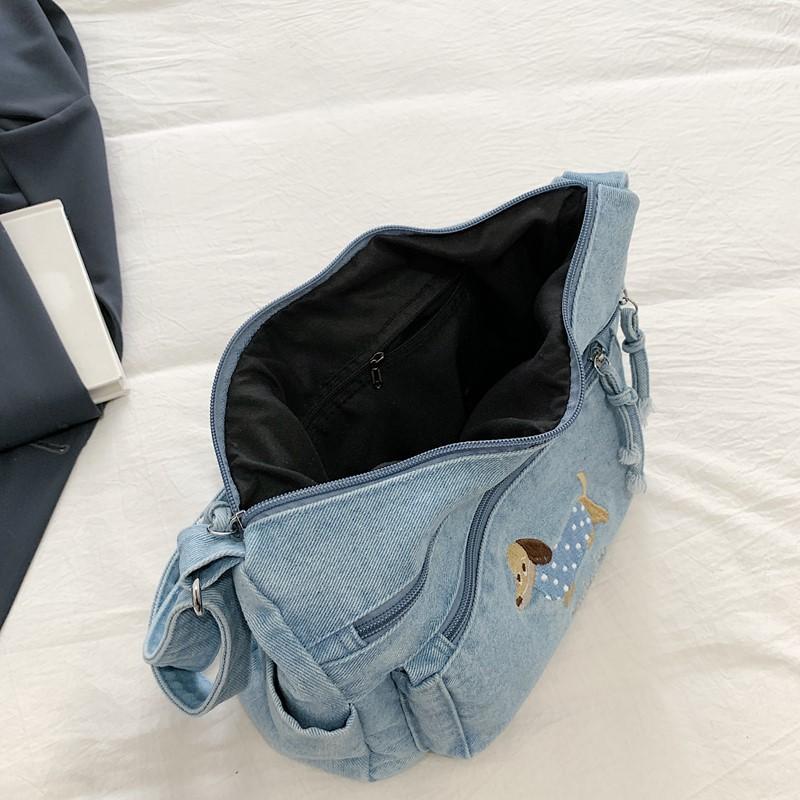 Denim Vintage Shoulder Bag Women Embroidered Cat Crossbody Bag