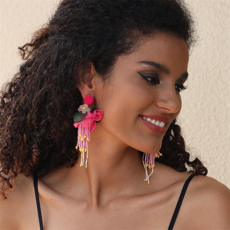 Exaggerated Big Fluffy Fabric Flower Beads Pendant Earrings for Women Trendy Wedding Drop Earring 2023 Bohemia Jewelry Accessory