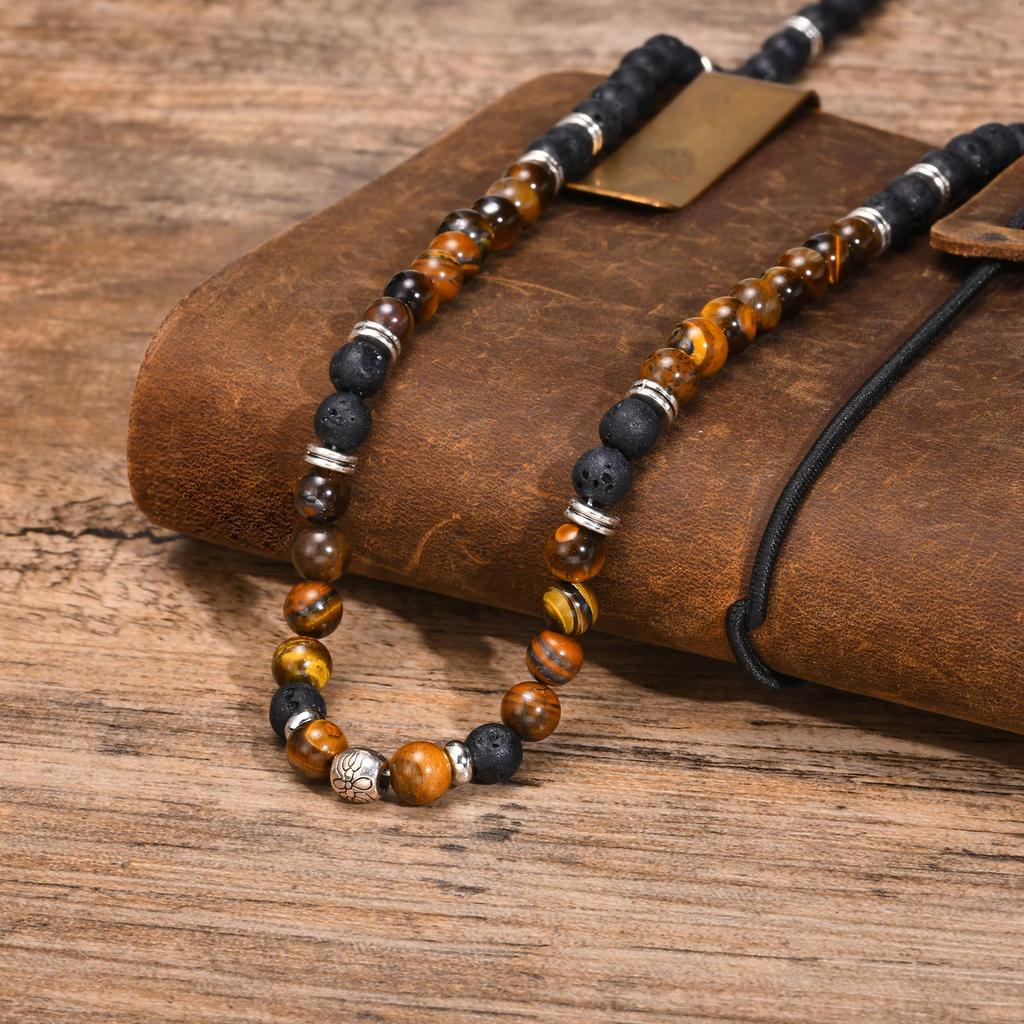 Tiger Eye Stone Beads Necklace for Men Boys,Casual Black Brown Beaded Collar,Summer Beach Jewelry Gifts