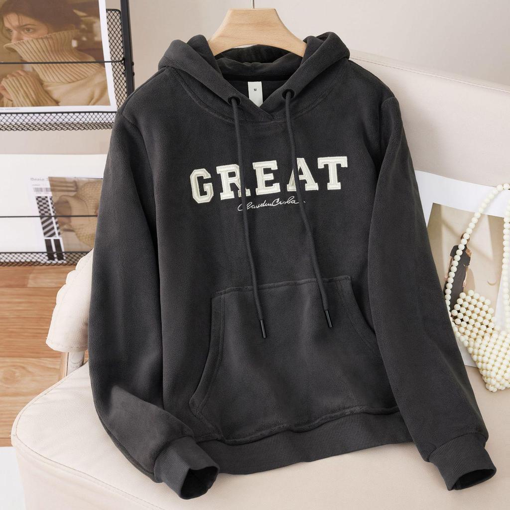 Melanoid Women's Double-Sided Sherpa Hooded Sweatshirt - Autumn/Winter 2025 New Arrival, Plus Velvet, Thick, Loose, Slimming Top